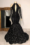  High Neck Black Prom Dress Mermaid Long Sleeve With Flowers Bottom
