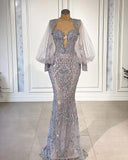  Silver Long Sleeves Mermaid Evening Dress With Appliques