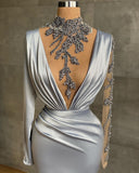  Silver Long Sleeves Mermaid Prom Dress With Appliques