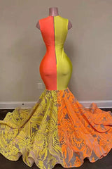  Yellow and Orange Mermaid Prom Dress Long Lace Sequins