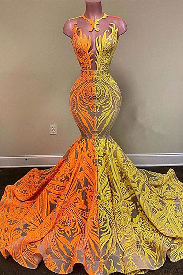  Yellow and Orange Mermaid Prom Dress Long Lace Sequins