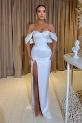 Noble Sweetheart Cap Sleeves Column Satin Prom Dress with Front Split