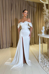 Noble Sweetheart Cap Sleeves Column Satin Prom Dress with Front Split