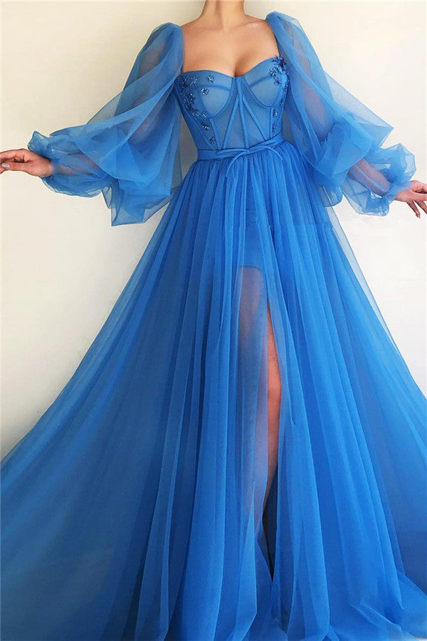 Ocean Blue Long Sleeve Tulle Prom Dress With Slit Sweetheart