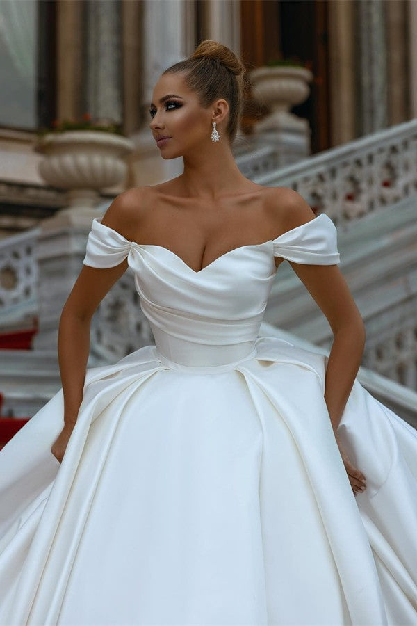 Off-the-Shoulder Ball Gown Wedding Dress Ivory Satin Bridal Wear Newinlook Off-the-Shoulder Ball Gown Wedding Dress Ivory Satin Bridal Wear Newinlook