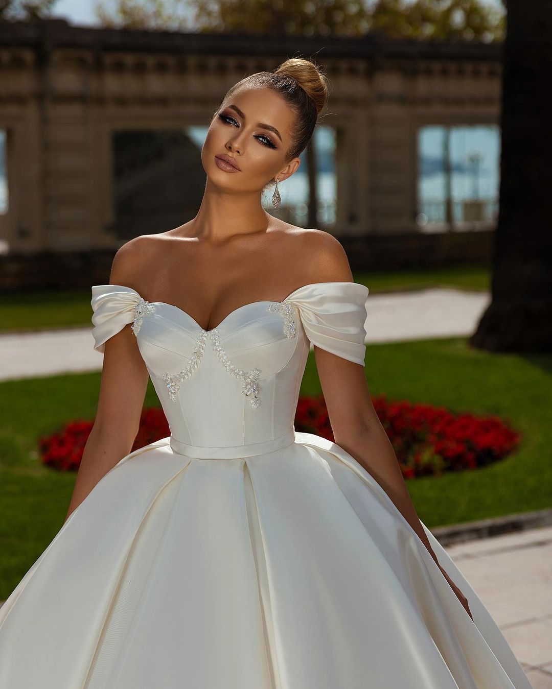 Off-the-Shoulder Ball Gown Wedding Dress Satin