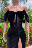 Off-the-Shoulder Black Prom Dress Velvet With Slit