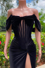 Off-the-Shoulder Black Prom Dress Velvet With Slit