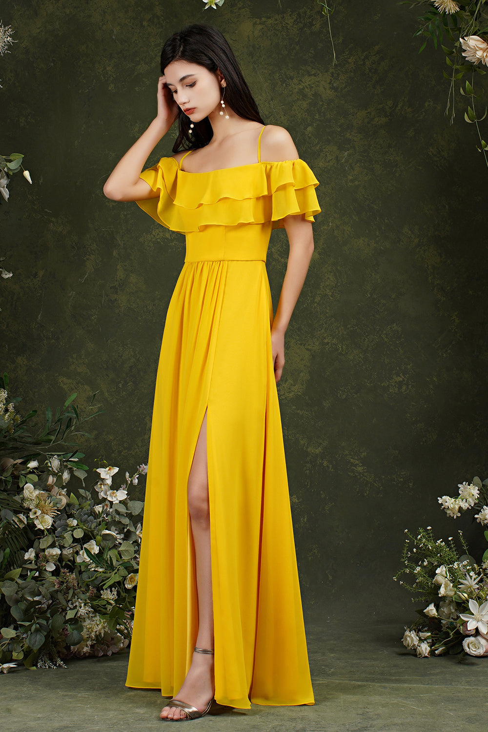 Off-the-Shoulder Bridesmaid Dress Ruffles With Slit