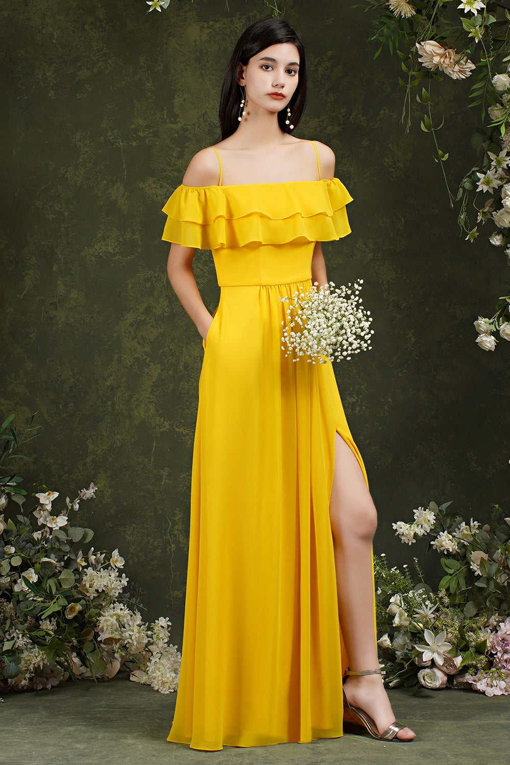 Off-the-Shoulder Bridesmaid Dress Ruffles With Slit