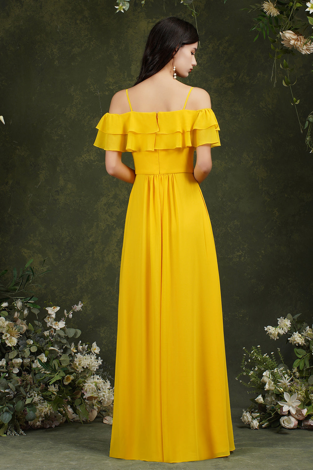 Off-the-Shoulder Bridesmaid Dress Ruffles With Slit