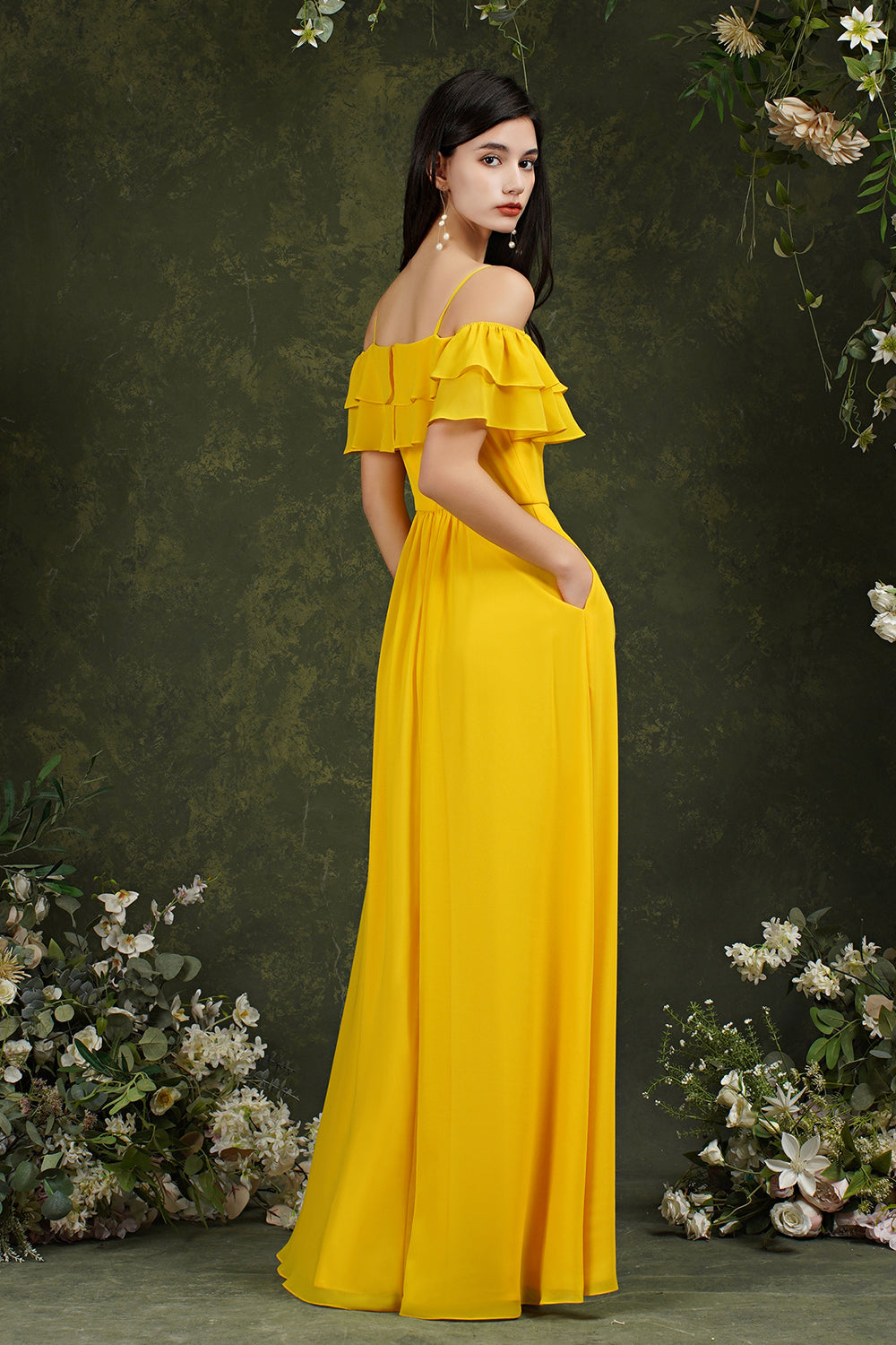 Off-the-Shoulder Bridesmaid Dress Ruffles With Slit