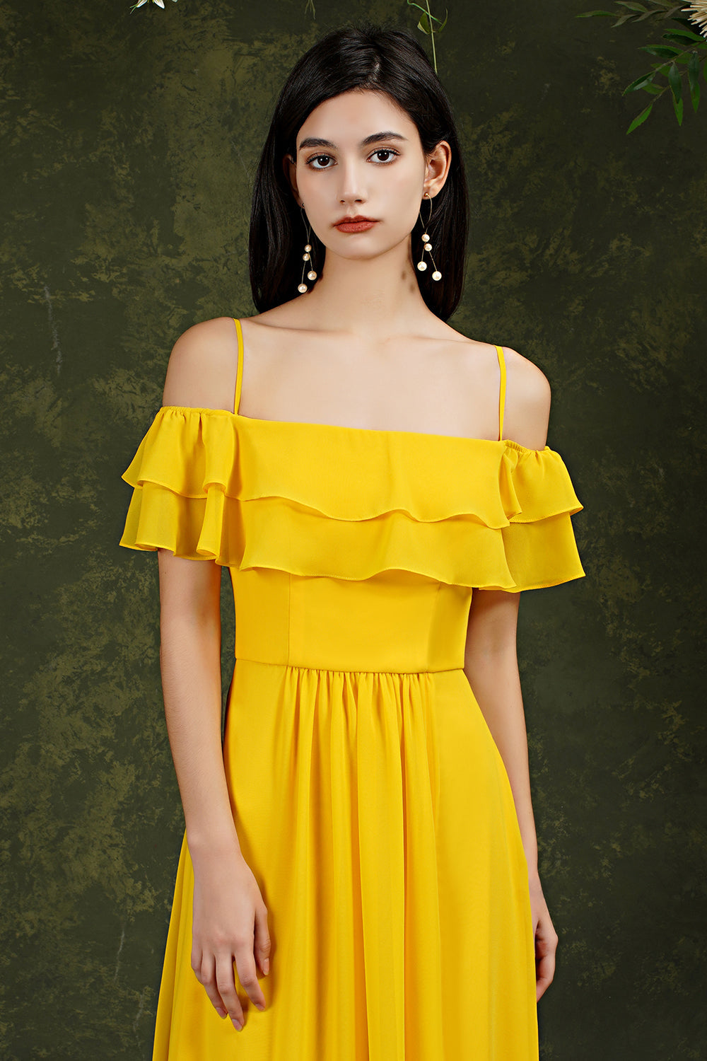 Off-the-Shoulder Bridesmaid Dress Ruffles With Slit
