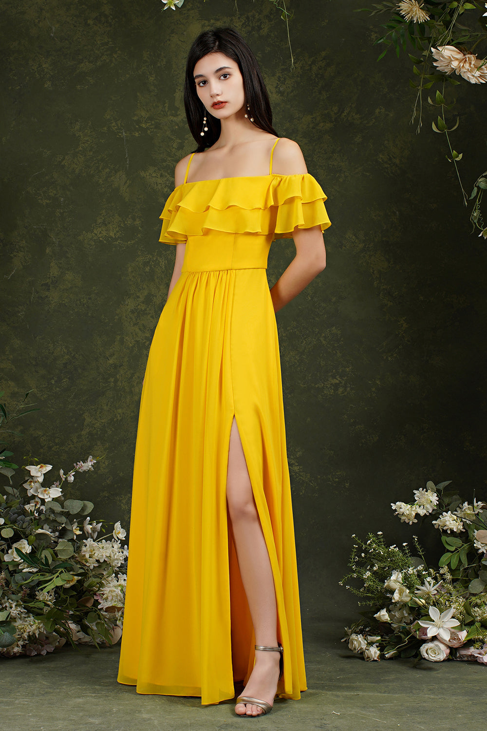 Off-the-Shoulder Bridesmaid Dress Ruffles With Slit