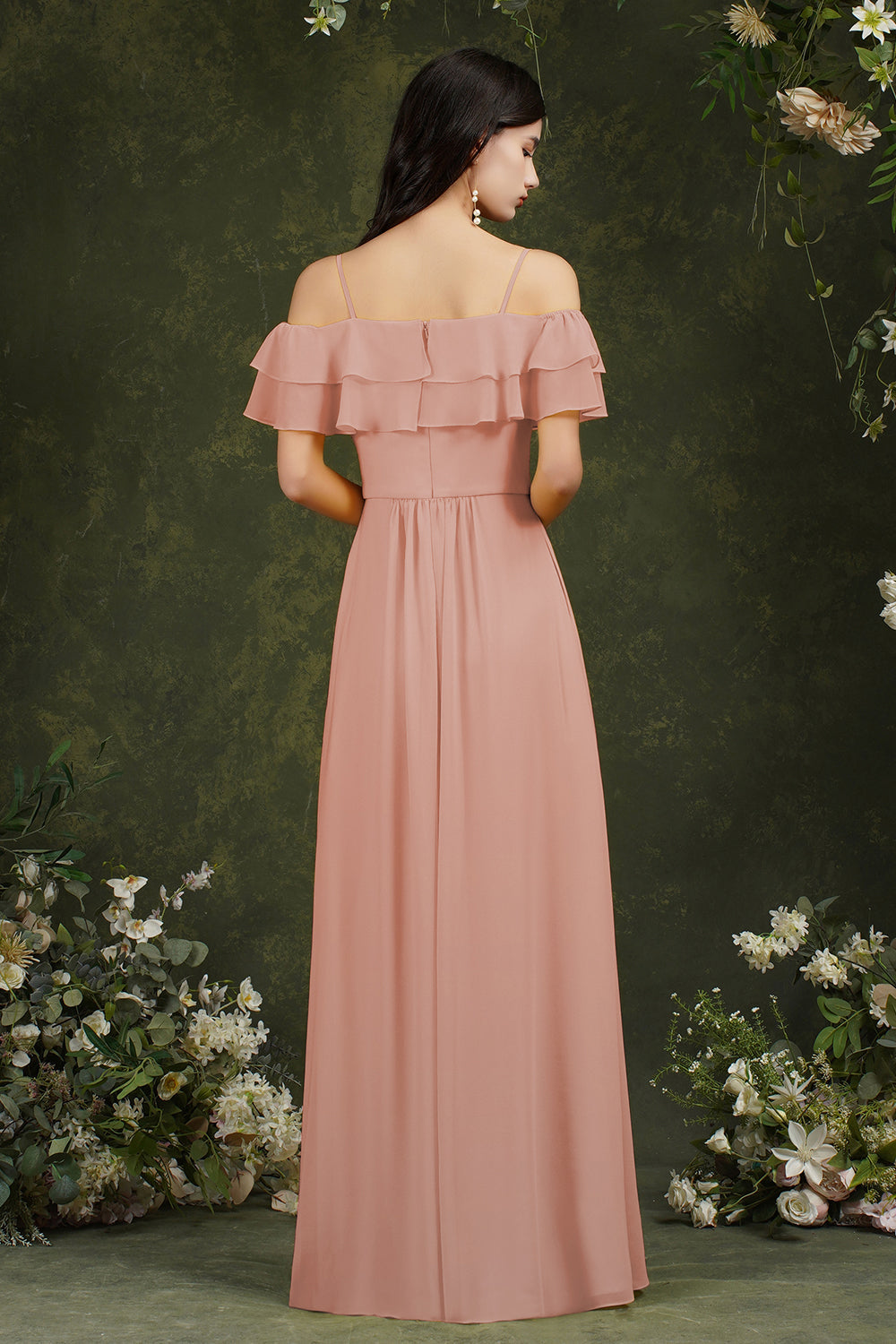 Off-the-Shoulder Bridesmaid Dress Ruffles With Slit