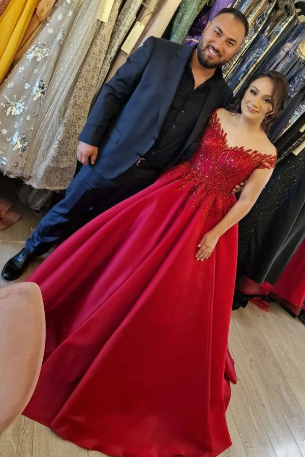 Off-the-Shoulder Burgundy Prom Dress Ball Gown With Appliques Newinlook Off-the-Shoulder Burgundy Prom Dress Ball Gown With Appliques Newinlook