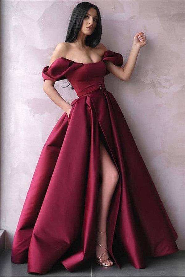 Off-the-Shoulder Burgundy Prom Dress Long Slit Formal Wear