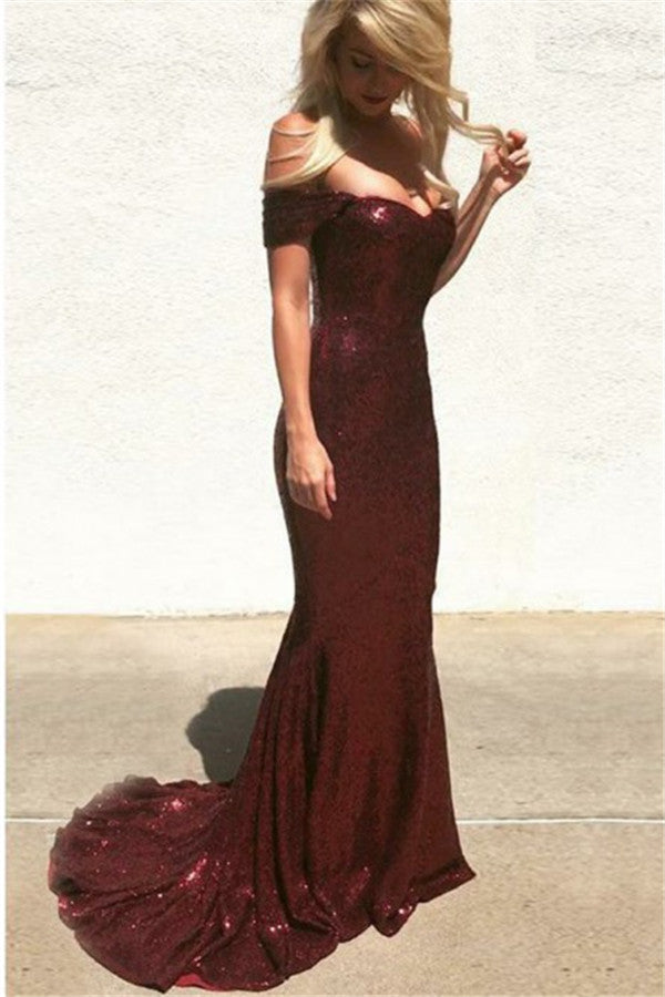 off-the-Shoulder Burgundy Sequins Prom Dress Mermaid