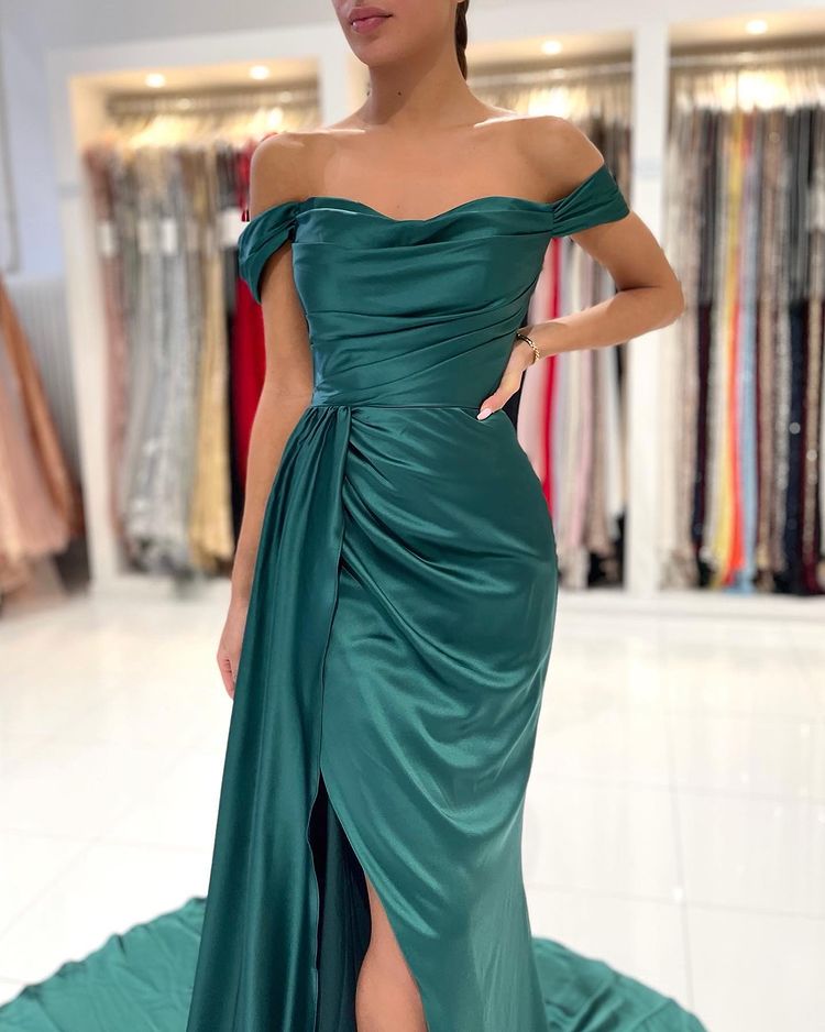 Off-the-Shoulder Dark Green Prom Dress Mermaid With Slit