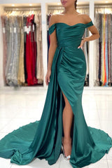 Off-the-Shoulder Dark Green Prom Dress Mermaid With Slit