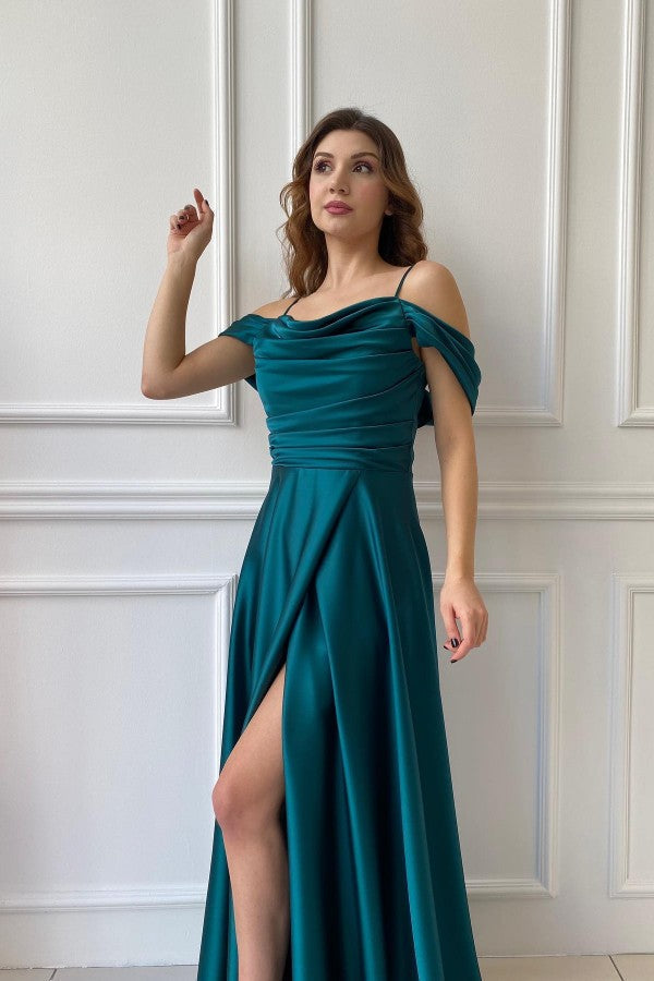 Off-the-Shoulder Dark Green Prom Dress Overskirt Split