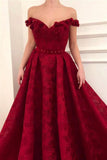 Off-the-Shoulder Lace Burgundy Prom Dresses Princess