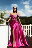 Off-the-Shoulder Long Prom Dresses Slit With Beads