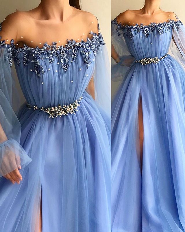 Off-the-Shoulder Long Sleeve Prom Dress Split With Beads