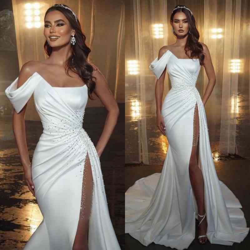 Off-the-Shoulder Mermaid Prom Dress Slit White With Beads
