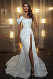 Off-the-Shoulder Mermaid Prom Dress Slit White With Beads