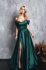 Off-the-Shoulder Prom Dress Emerald Green Long With Slit