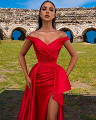 Off-the-Shoulder Red Prom Dress Ruffles With Slit
