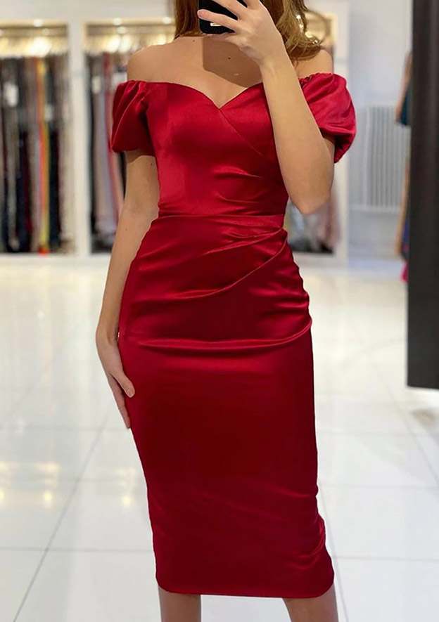 Off-the-Shoulder Short Sleeve Satin Prom Dress With Pleated Sheath/Column Tea-Length