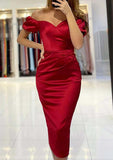 Off-the-Shoulder Short Sleeve Satin Prom Dress With Pleated Column Tea-Length