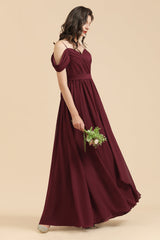Off-the-Shoulder Sweetheart Burgundy Long Bridesmaid Dress With Slit