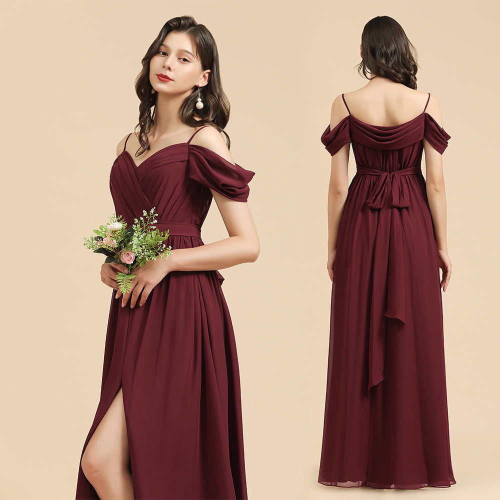 Off-the-Shoulder Sweetheart Burgundy Long Bridesmaid Dress With Slit