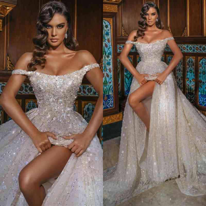 Off-the-Shoulder Wedding Dress Beadings With Split Overskirt