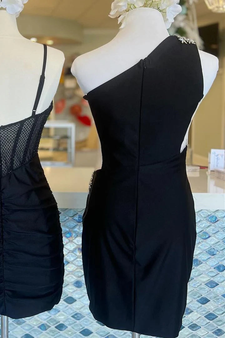 Chrissee Sheath One-Shoulder Pleated Satin Homecoming Dress