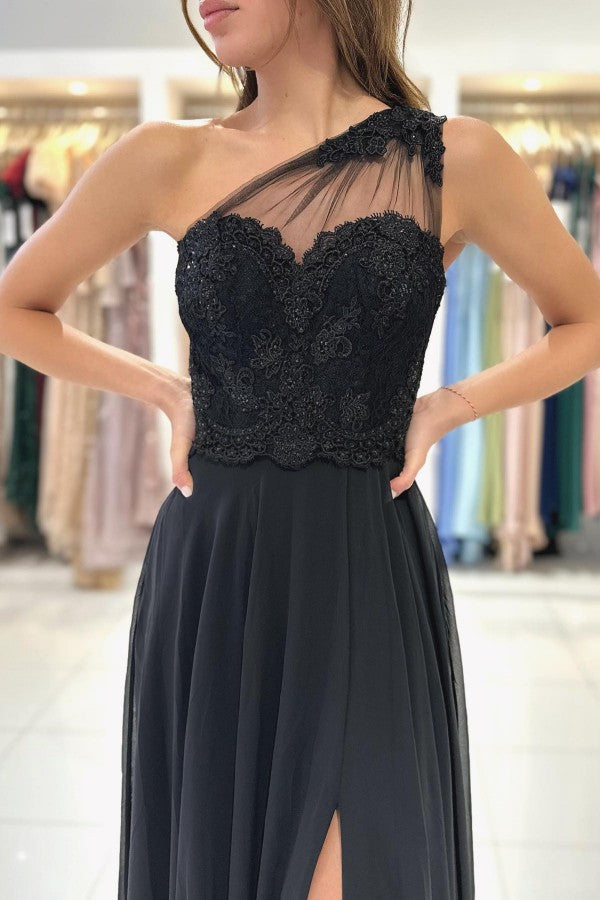 One Shoulder Black Prom Dress A-Line With Lace