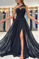 One Shoulder Black Prom Dress A-Line With Lace