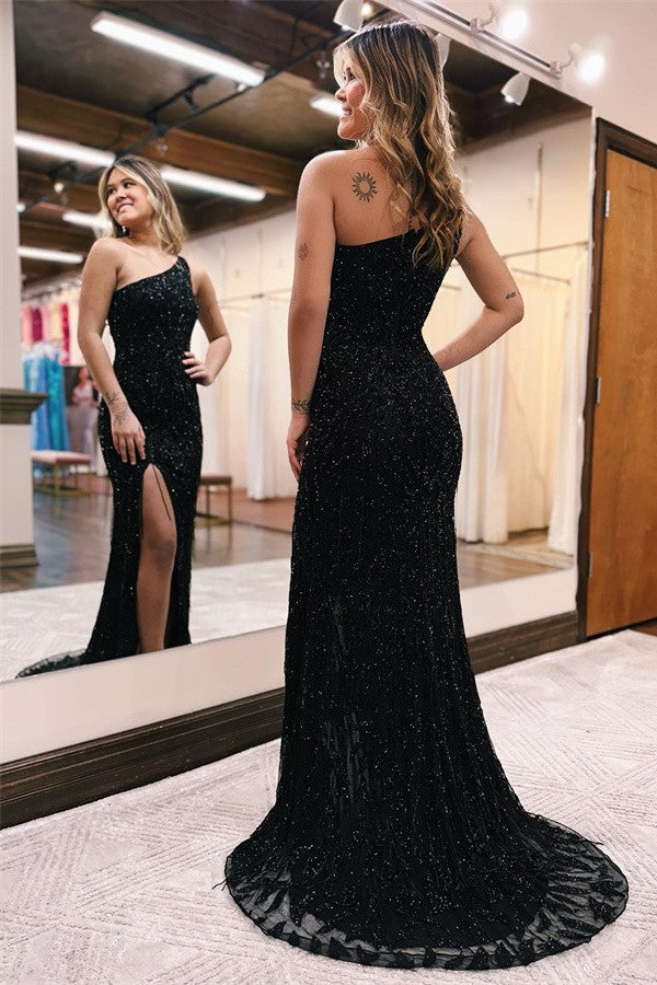 One Shoulder Black Prom Dress Mermaid Sequins Long
