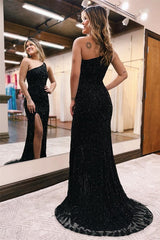 One Shoulder Black Prom Dress Mermaid Sequins Long