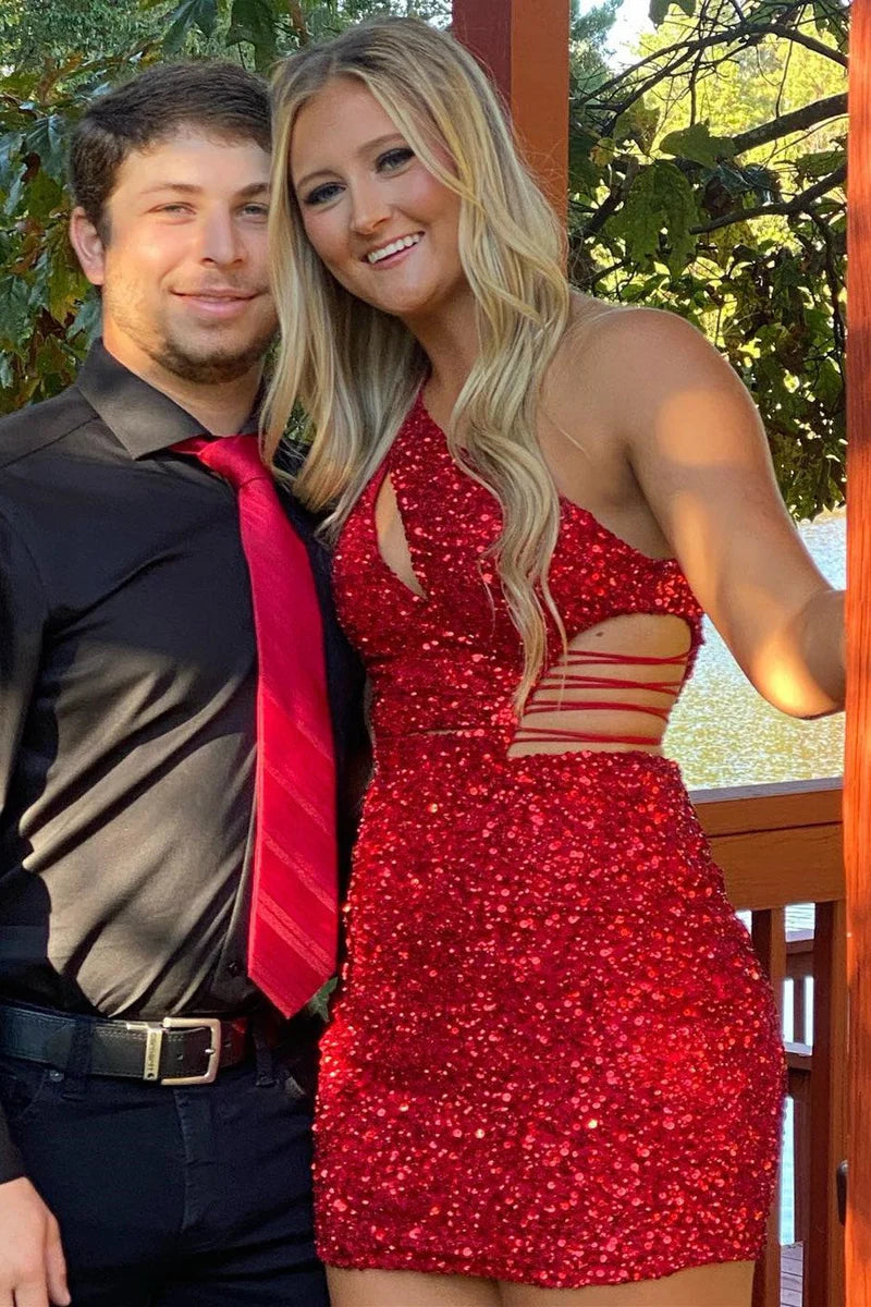 Frankie One-Shoulder Gold Cutout Sequin Fitted Homecoming Dress