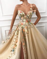One Shoulder Long Prom Dress Split With Flowers