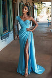 One Shoulder Long Sleeve Prom Dress Long Split With Beadings