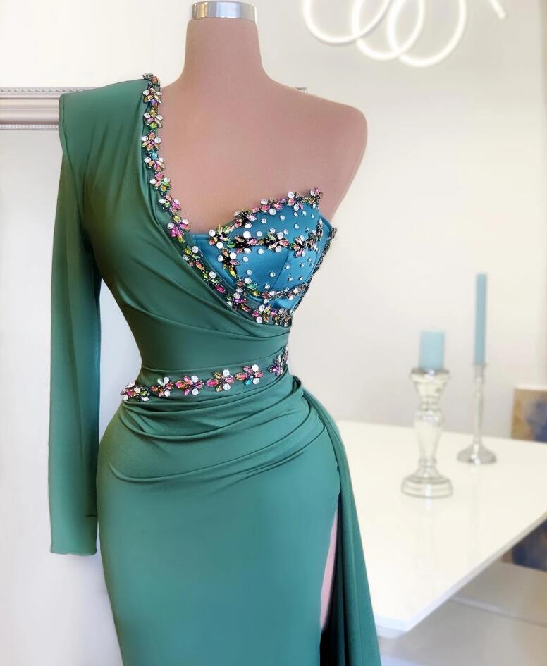 One Shoulder Long Sleeve Prom Dress Mermaid With Crystal