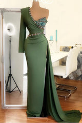 One Shoulder Long Sleeve Prom Dress Mermaid With Crystal