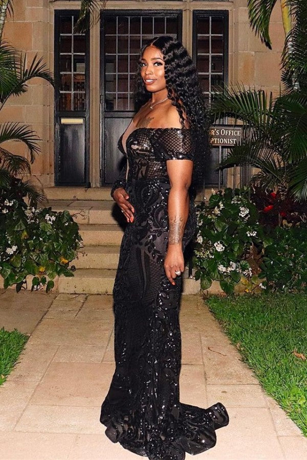 One Shoulder Long Sleeves Black Prom Dress Mermaid Sequins Newinlook One Shoulder Long Sleeves Black Prom Dress Mermaid Sequins Newinlook