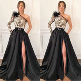 One Shoulder Long Sleeves Prom Dress Split With Appliques