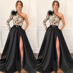 One Shoulder Long Sleeves Prom Dress Split With Appliques